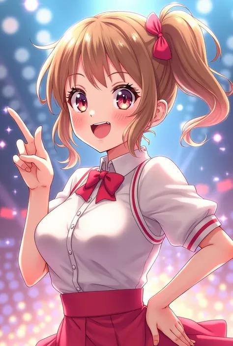 Anime girl, she is an cheerful idol and has light browhair and ponytail on one side !!!