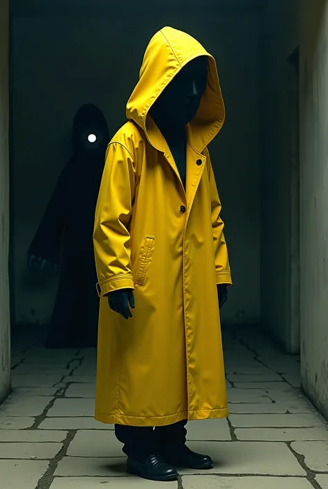 a close up of a person in a yellow raincoat standing on a stone floor, six from little nightmares, little nightmares, cloaked, yellow-robed cultist, hooded figure, yellow robes, hooded figures, atey ghailan and mike mignola, clothed in hooded, joe biden as...