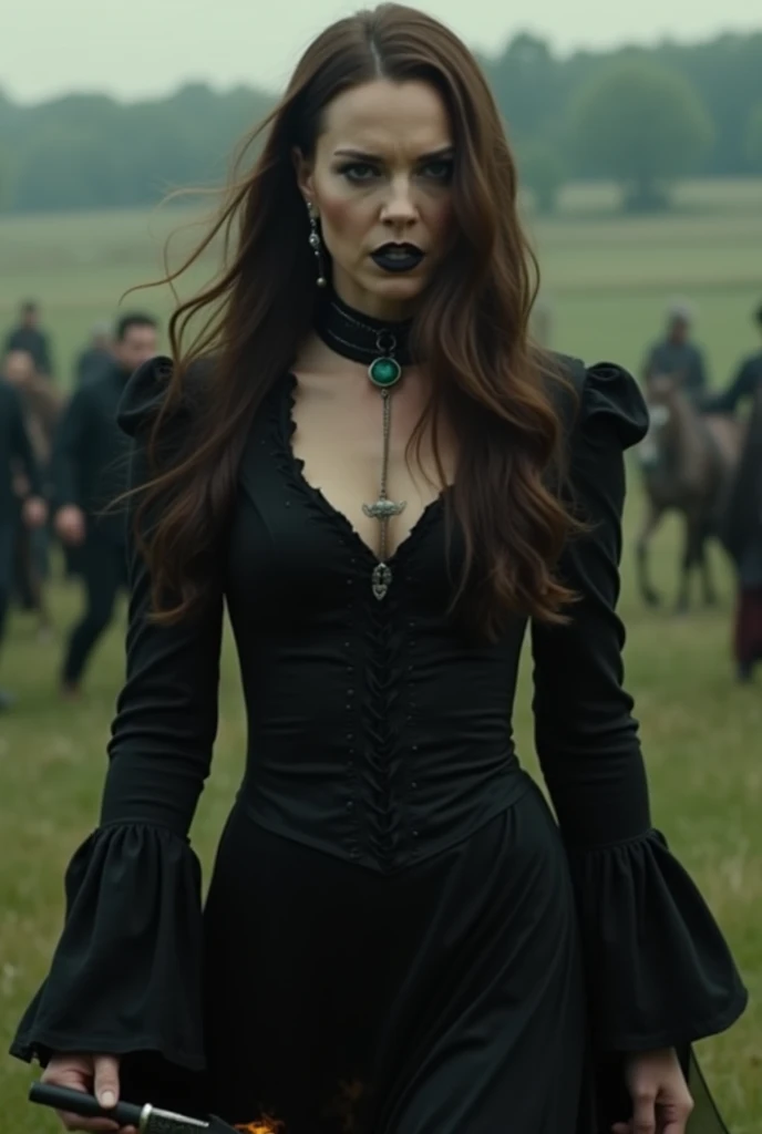 A cinematic medium shot of Kate Middleton. She is dressed in a black, gothic, witchy dress with a wide and plunging neckline and long, flared, ragged sleeves. Kate wears black lipstick, black eyeliner, and a black choker with a green jewel around her neck....