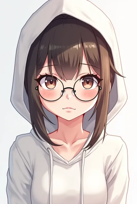 Anime femenina/Blonde hair bangs beautiful face serious and freckles and glasses and eyelashes white hooded cap white shirt 