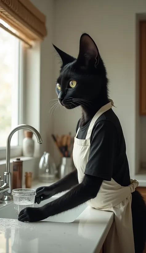 an anthropomorphic female cat with a black coat, with a sculptural body,  dressed in a black shirt and a white apron ,  washing glasses in a modern kitchen . The environment is well lit,  with a contemporary design and visible kitchen utensils.  The cat ha...