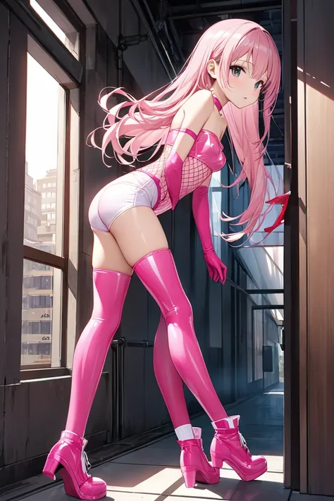 One 、 lori、(Pink High Leg Bloomer 、 Chest Mesh Tube Top、 latex pink long gloves、latex pink high socks )、( skinny、 small breasts、 slimmer body in a building、)、、(Light pink hair、 long hair)、