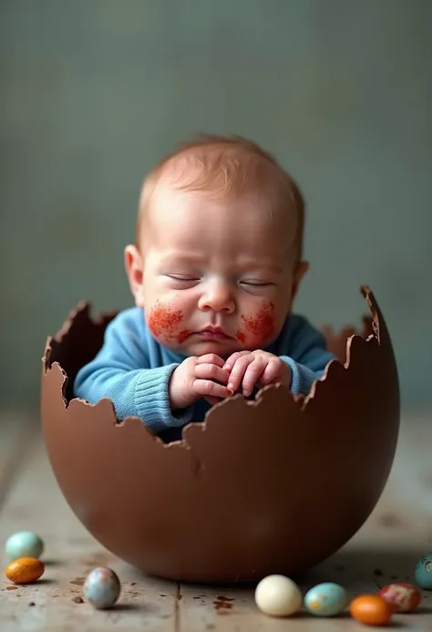  Creates a hyperrealistic image of a newborn with a blue jumpsuit and red cheeks dirty with chocolate .  The photo portrays him in half a chocolate egg shell The  is incredibly small with expressive eyes .  He clings to the eggshell with his small hands Th...