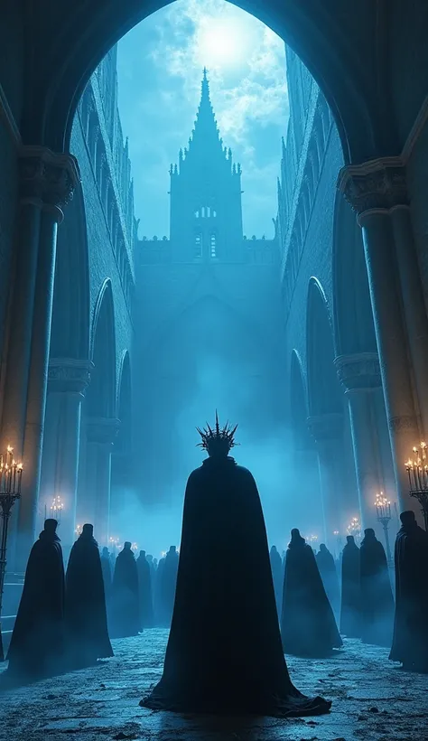  A vast Gothic cathedral in ruins ,  where a court of noble spirits wears ragged costumes,  stitched together with shadows and mists . A faceless king ,  crowned with black thorns ,  observes his kingdom of specters .  Blue candles burn around ,  casting e...