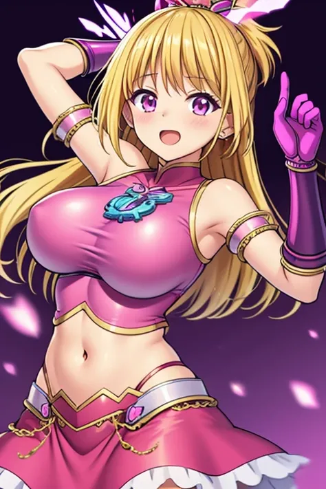 (masterpiece, best quality:1.2), 1girl, solo,anime girl in a pink dress , crop top, midriff, navel, pink female  girl, fine details. anime. ,biomechanical oppai,  