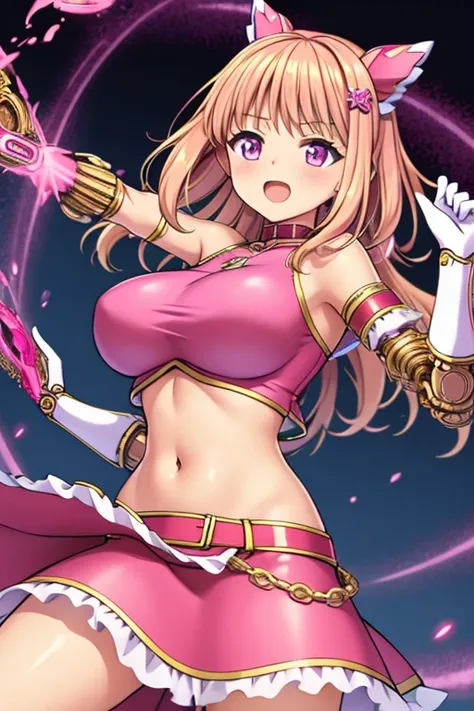 (masterpiece, best quality:1.2), 1girl, solo,anime girl in a pink dress , crop top, midriff, navel, pink female  girl, fine details. anime. ,biomechanical oppai,  