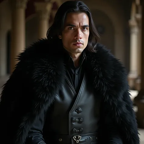  A man, Facing determined someone short,  21 years old,  brand, Healthy,  wide shoulder leather jacket,  expression would be ,  long straight hair, blacks, fluttering over the face ,  deep brown eyes , narrow lips, defined mandible,  dressed in medieval bl...