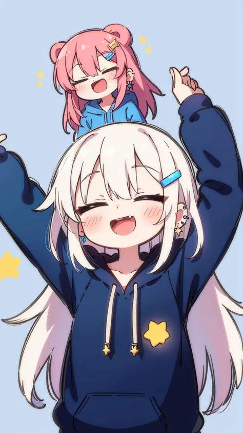 2girls, multiple girls, closed eyes, pink hair, hair ornament, long hair, smile, open mouth, blush, hood, star \(symbol\), hoodie, long sleeves, simple background, arm up, white hair, shirt, blue shirt, bear hair ornament, hairclip, ear piercing, upper bod...