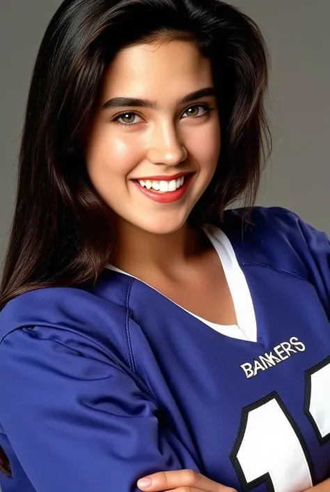 Cute age movie star 、 Jennifer Connelly slumped forward in her Legends Football League costume.
She is .,
  she has a radiant smile  .,
 This image captures her beautiful, well-balanced body .
 extremely realistic pictures ,(masterpiece,  top quality:1.3)