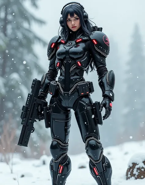 The Valkyrie cyborg figure with glossy black porcelain skin stands ,  intricate mechanical components in silver and chrome, glowing red LED accents and power circuits, confidently in a snowy landscape, wearing a sleek, tactical black suit designed for cold...