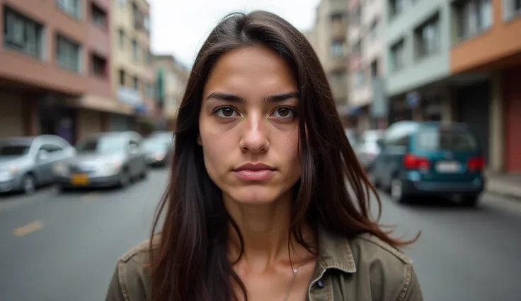 A 28-year-old woman with long, straight dark brown hair and brown eyes. Her expression reflects both vulnerability and determination. She wears simple, worn-out clothes. She is standing on a busy street in São Paulo, with buildings in the background, creat...