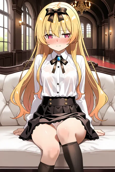 NSFW,masterpiece, top quality, high resolution, very detailed,Yue\(arifureta: from common to world's strongest\), blonde, white shirt 、 black skirt 、 black knee socks、 black hair band 、 hair bow、neck ribbon, white lace panties , see through, luxury mansion...