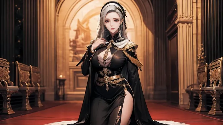 (best quality:2.0),(extremely detailed:2.0),(highly detailed:2.0),(Scene 5: Chario, wearing ceremonial silver knight’s attire, kneeling before an altar, her silver hair flowing down her back, her crimson eyes glowing with a mix of determination and nostalg...