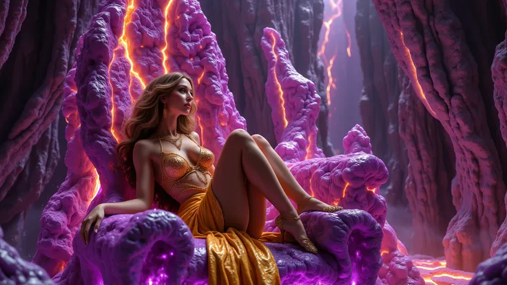 Main Subject:
(Hyper-realistic female model lounging sensually on a glowing Amethyst throne, her legs elegantly crossed, her fingers delicately tracing the edge of the throne:3.5), (her ultra-micro mini gold chain dress with Ruby embellishments glinting un...