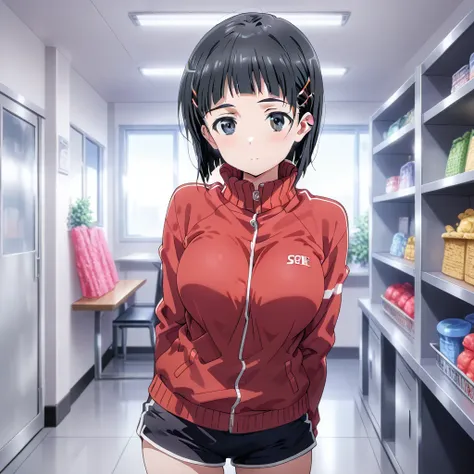 suguha,short hair,hairclip,red track jacket,short shorts,large breasts, school uniform