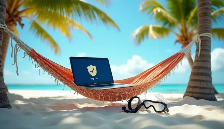 iphone 16 photo of a hammock strung between palm trees with an open laptop (screen showing a shield icon for "stop loss"). A snorkel mask and fins lie nearby in white sand.