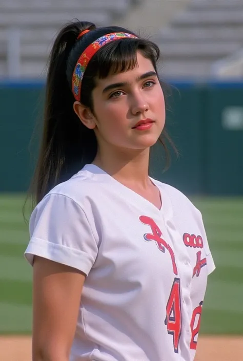 (masterpiece,  best quality:1.5), 
a beautiful girl, Jennifer Connelly at age 16, 
whole body photo,
her pretty face is Jennifer Connelly’s at age 16 but her mature body is like 25 year old Jennifer Connelly’s.,
shiny silky long black hair in a ponytail., ...