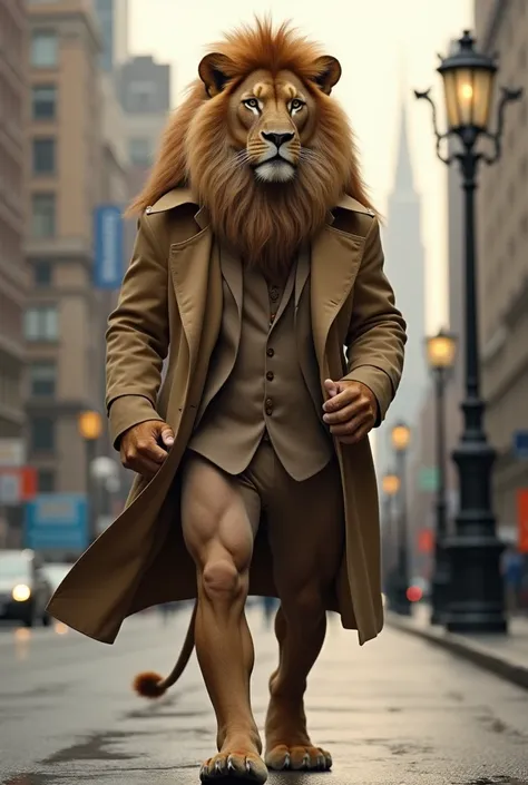 A lion dressed in a trench coat walking on two legs very elegant 