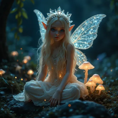 Night Fairy : Close up shot of a very pretty  blonde age fairy, realistic face, surrounded by luminescent mushrooms and floating lights ,  is sitting on a rock in a nighttime and mystical landscape. shiny and crystalline halas