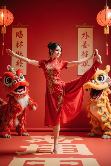 standing split， masterpiece,  high quality ,  Best Quality , Aesthetic ,  masterpiece,  Best Quality ,  Very beautiful , Ridiculous,  very detailed , A beautiful woman wearing a traditional red cheongsam celebrating the new year,  surrounded by bright red ...
