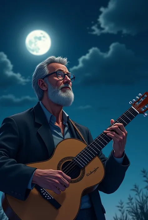 Anime of a 50-year-old man with a beard and glasses playing the guitar looking at the moon with the name Washington engraved on the guitar 