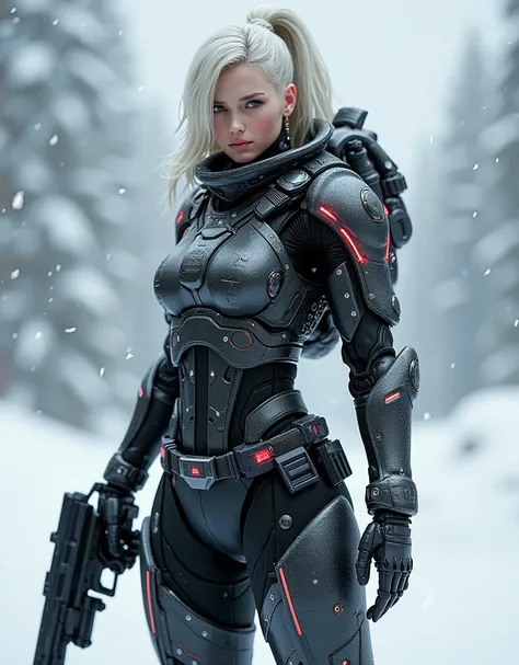 The Valkyrie cyborg figure with glossy white porcelain skin stands ,intricate mechanical components in silver and chrome, glowing red LED accents and power circuits, confidently in a snowy landscape, wearing a sleek, tactical black suit designed for cold w...