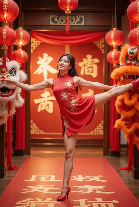 standing split， masterpiece,  high quality ,  Best Quality , Aesthetic ,  masterpiece,  Best Quality ,  Very beautiful , Ridiculous,  very detailed , A beautiful woman wearing a traditional red cheongsam celebrating the new year,  surrounded by bright red ...
