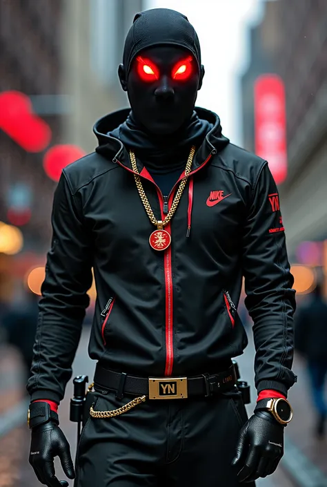 Agent YN cyberpunk, mechanical red magma eyes, balaclava , leather gloves, nike tech suit, diabolical stare, nike triple black air force ones, mont sant watch, dark skin, situated in a gloomy chicago, has louis vuitton belt, golden chain with a pendant  th...