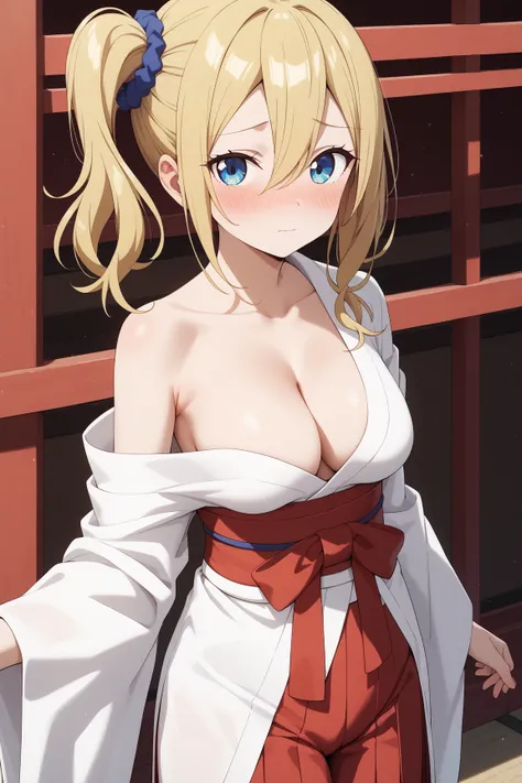 masterpiece,best quality,{{detailed beautiful face and eyes}}, very detailed background,
Ai Hayasaka,{{{megami magazine}}},long hair,blonde hair,{{left side ponytail:1.5}},blue scrunchie,hair scrunchie,hair between eyes,sidelocks,medium breasts,
(miko:1.1)...