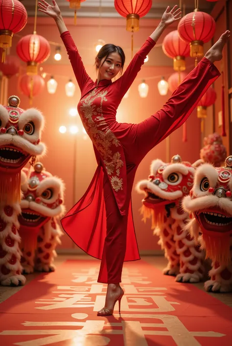 standing split， masterpiece,  high quality ,  Best Quality , Aesthetic ,  masterpiece,  Best Quality ,  Very beautiful , Ridiculous,  very detailed , A beautiful woman wearing a traditional red cheongsam celebrating the new year,  surrounded by bright red ...