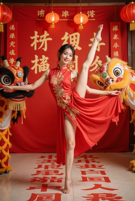 standing split， masterpiece,  high quality ,  Best Quality , Aesthetic ,  masterpiece,  Best Quality ,  Very beautiful , Ridiculous,  very detailed , A beautiful woman wearing a traditional red cheongsam celebrating the new year,  surrounded by bright red ...