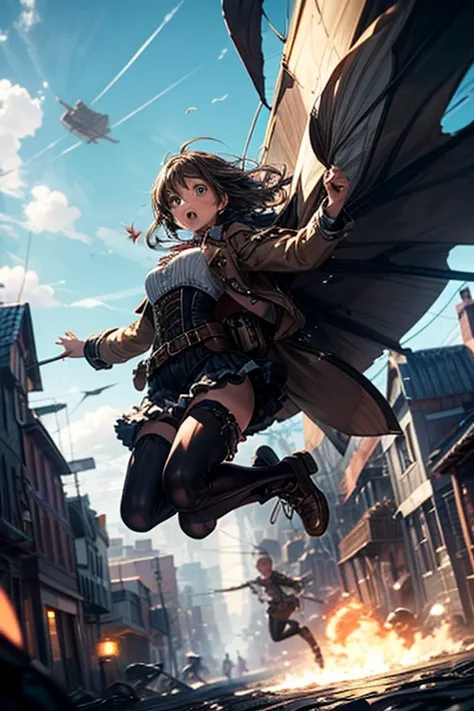 steampunk, girl jumps out of an airship gondola,  fist to face,  Dutch corner, dynamics, movement, Anime, wind, rage