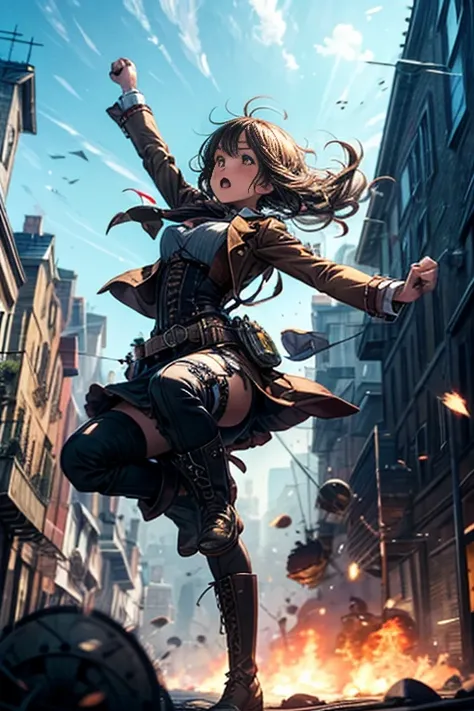 steampunk, girl jumps out of an airship gondola,  fist to face,  Dutch corner, dynamics, movement, Anime, wind, rage