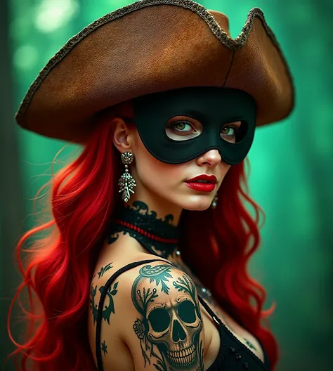 emerald green and red gradient background 、 skull beautiful long haired pirate tattoo woman with straw hat and red ribbon,   provocative smile old rusty big pirate ship black cat masterpiece,  won numerous awards,  high image quality model,  red hair ,  gr...