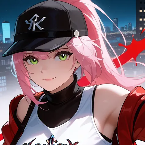 white woman with long pink hair, Black sport cap with red details, green eyes and a slightly square shaped face, light smile, wearing a New York Yankees Black and red jacket and a white tank top, she is in a night city with colorfull paints backhround. is ...