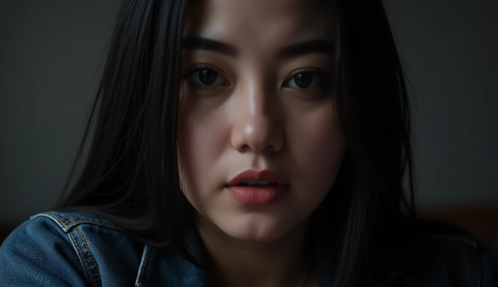 A woman in a tight dark denim jacket, make a her lips parted in an 'u' shape as she opens slightly her mouth in ecstasy. Her eyes on half-closed, her intimate gaze and tired.  highlighting the Expression in perfect in subtle tension, (best quality,4k,8k,hi...