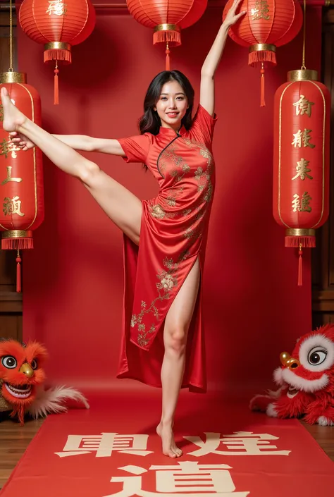 standing split， masterpiece,  high quality ,  Best Quality , Aesthetic ,  masterpiece,  Best Quality ,  Very beautiful , Ridiculous,  very detailed , A beautiful woman wearing a traditional red cheongsam celebrating the new year,  surrounded by bright red ...