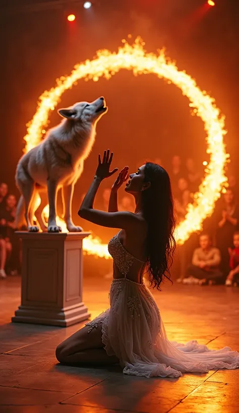 An exhilarating moment featuring manager and her wolves during a talent show performance. manager,  dressed in a radiant white dress with intricate floral patterns ,  kneels on the edge of the stage ,  your hands raised as one of your lobes Do you jump gra...