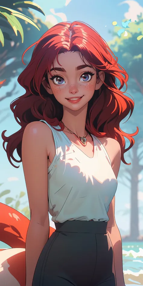 ( masterpiece,  of the best quality ),  1girl, clavicle,  wavy hair,  looks at the viewer,  blurred foreground,  upper body , necklace,  modern , plain pants , (( intricate , seal, template)),  tail, freckles,  red hair,  dappled sunlight,  smile,  happy ,