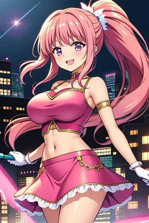 (masterpiece, best quality:1.2), 1girl, solo,anime girl, pink costume, crop top, midriff, navel, miniskirt, pink female  girl, pink hair, long hair, ponytail, fine details. anime. , large breasts,  smile, city