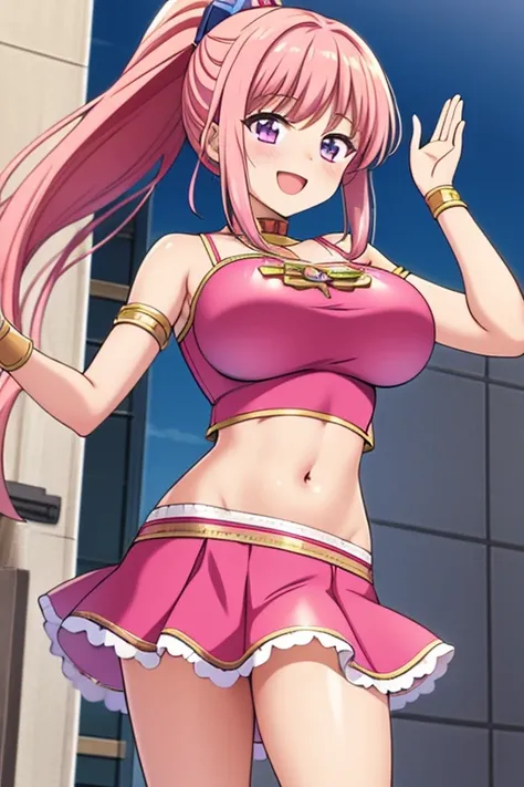 (masterpiece, best quality:1.2), 1girl, solo,anime girl, pink costume, crop top, midriff, navel, miniskirt, pink female  girl, pink hair, long hair, ponytail, fine details. anime. , large breasts,  smile, city