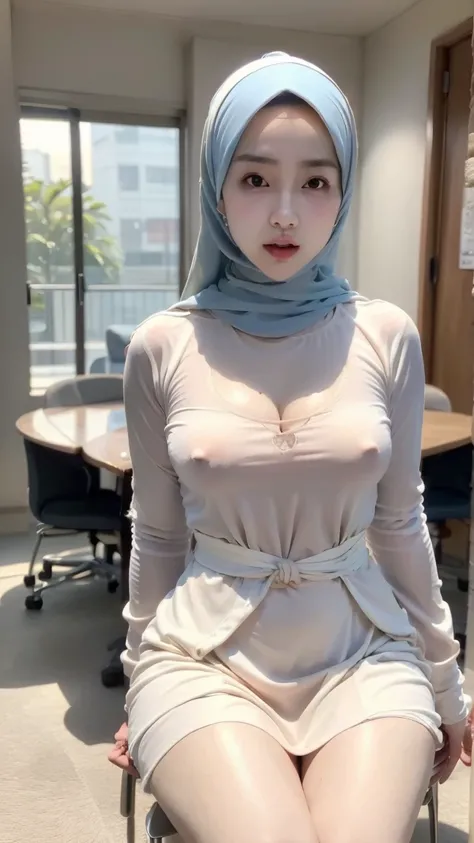 Beautiful fair skin matured malay girl in hijab seating in meeting room angry, 32 years old, milf, angry pose, angry face, meeting room, morning, wearing cream colours hijab, tight and strict blue pastel office suit, super strict and super transparent whit...