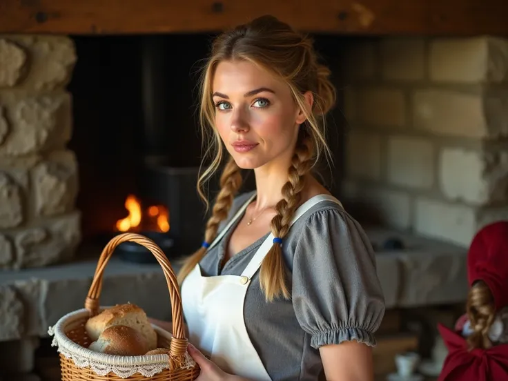 (masterpiece), best quality, 1woman (30 years old ), with beautiful eyes, perfect face, long dark blond hair, updo hairstyle with braids, light colored skin , wearing a grey dress, and a white apron, standing in an old country kitchen , handing a picnic ba...