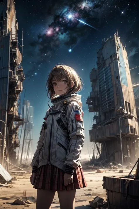 Close-up of a woman in a spacesuit,  standing in front of a destroyed ship , "   full size ,  Conceptual experience  ,   1girl, Dressed in a spacesuit ,   Short skirt  ,   Awarded masterpiece  ,  made in anime style with oil painting effect . ( A vivid ill...