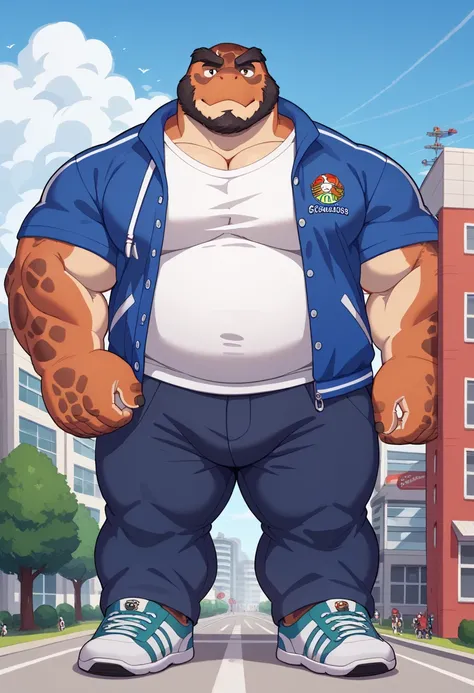 Scribble tortoise face,furry(tortoise), chubby, big strong thick muscle,( black eyebrows :1.1),(perfect eyes),  fur，alone,（artist:takemoto arashi),（jock:1.3）， standing, Sneakers，（ Black beard :1.3），（Civil :1.3, College jacket, t-shirt, pants) tortoise (Mas...