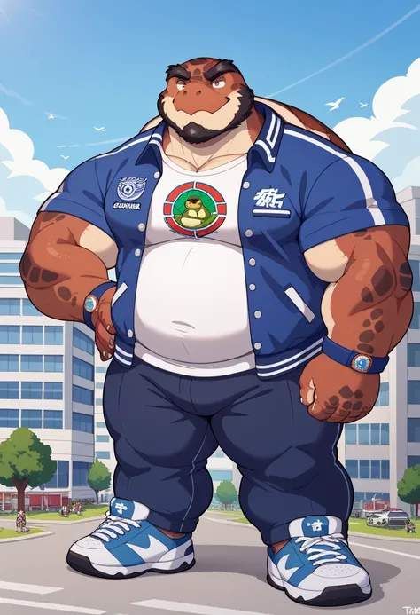 Scribble tortoise face,furry(tortoise), chubby, big strong thick muscle,( black eyebrows :1.1),(perfect eyes),  fur，alone,（artist:takemoto arashi),（jock:1.3）， standing, Sneakers，（ Black beard :1.3），（Civil :1.3, College jacket, t-shirt, pants) tortoise (Mas...