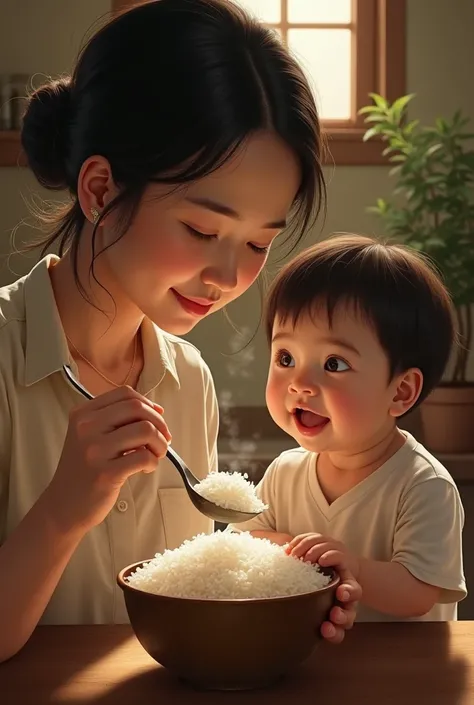 The mother is feeding her son rice.