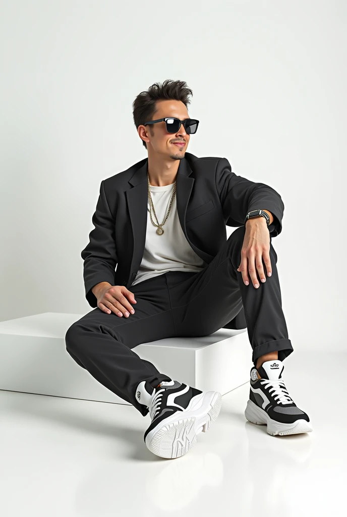  sneaker Create the image of a man sitting on the floor, Wearing a QIX 90 S sneaker.  The background must be white, similar to a classic model , More with the most up-to-date clothes