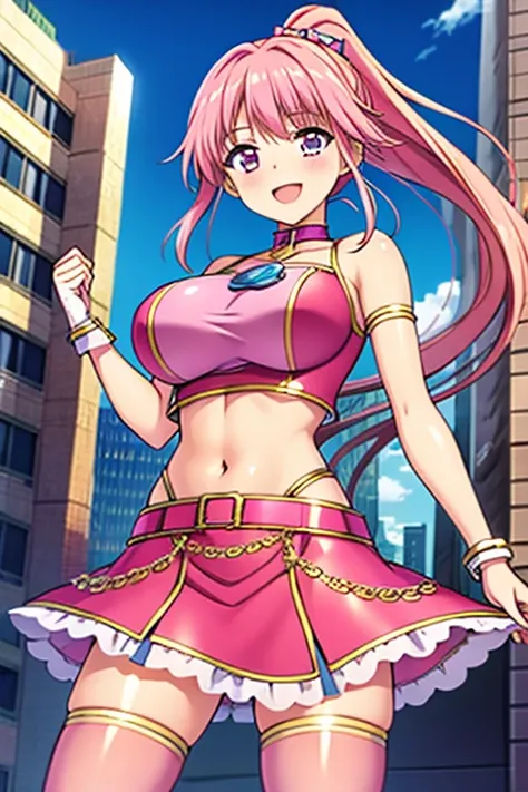 (masterpiece, best quality:1.2), 1girl, solo,anime girl, pink costume, crop top, midriff, navel, miniskirt, thighhighs, pink female  girl, pink hair, long hair, ponytail, fine details. anime. , large breasts,  smile, city