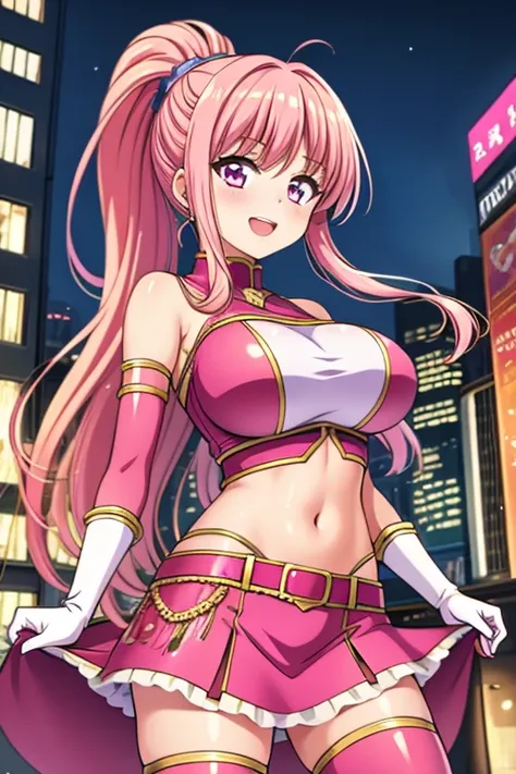 (masterpiece, best quality:1.2), 1girl, solo,anime girl, pink costume, crop top, midriff, navel, miniskirt, thighhighs, pink female  girl, pink hair, long hair, ponytail, fine details. anime. , large breasts,  smile, city